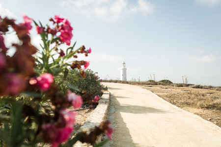 landscape with a white lighthouse. Cyprus, Paphosのeditorial素材