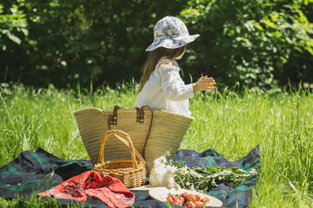 little girl on a summer picnic in nature with berries and fruitsの写真素材
