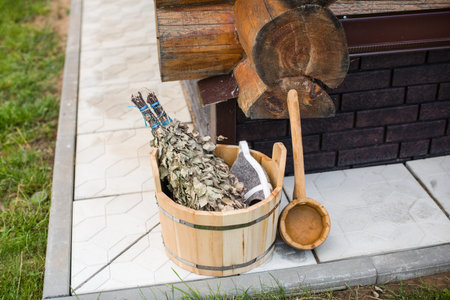 bath accessories, tub, broom and pelvis for bathhouseの写真素材
