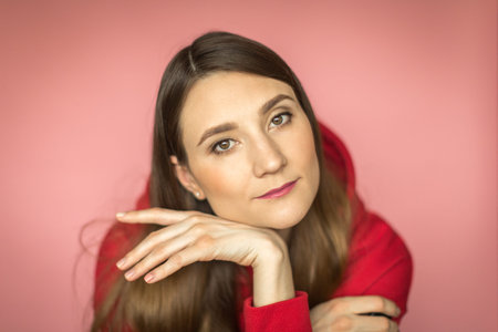 girl in a bright red hoodie
