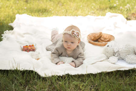 child lies on a blanket at a summer picnicの写真素材