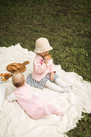 two little sisters play on the lawnの写真素材