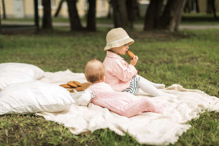 two little sisters play on the lawnの写真素材