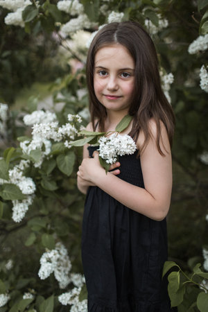 girl with lilac walks in the parkの写真素材