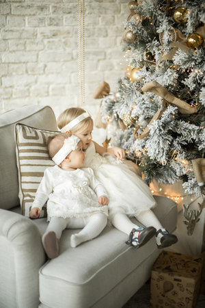 two beautiful sisters sit on an armchair in an embrace. holiday christmasの写真素材