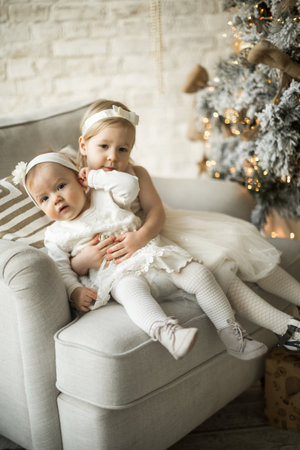 two beautiful sisters sit on an armchair in an embrace. holiday christmasの写真素材