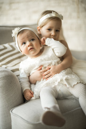 two beautiful sisters sit on an armchair in an embraceの写真素材