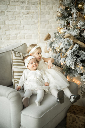 two beautiful sisters sit on an armchair in an embrace. holiday christmasの写真素材