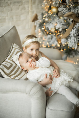 two beautiful sisters sit on an armchair in an embrace. holiday christmasの写真素材