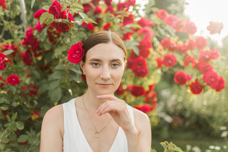 The girl in the rose garden. Big bush of red rosesの写真素材