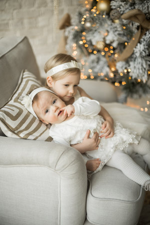 two beautiful sisters sit on an armchair in an embrace. holiday christmasの写真素材