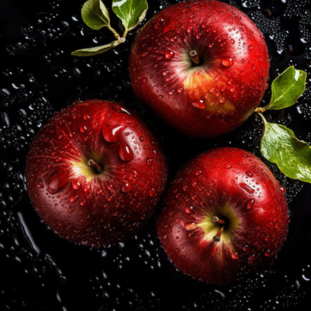 several red apples covered with water drops, on a black backgroundの写真素材