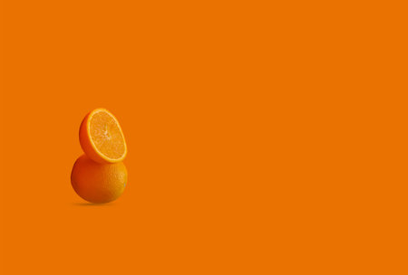 background, half of an orange lies on a whole orange on an orange background
