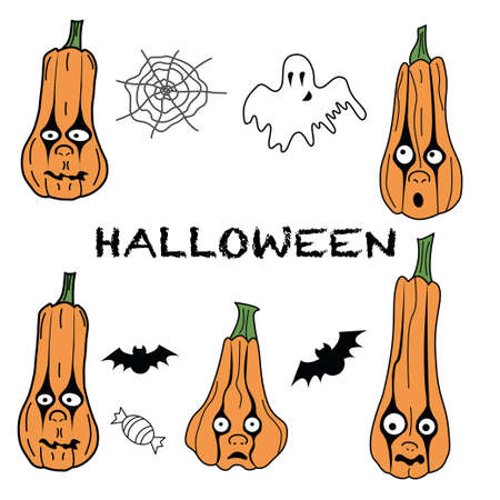 Flat set with cartoon pumpkin. Colorful graphic. Cute cartoon design. Halloween poster.のイラスト素材