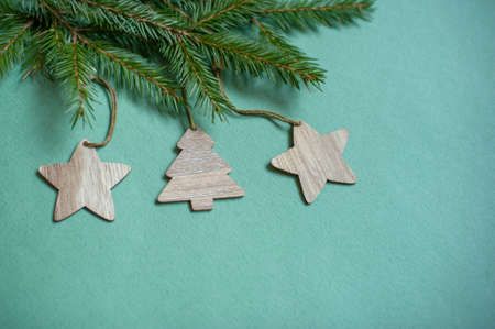 branches of a Christmas tree and decoration on the Christmas tree green background.の写真素材