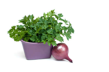 Parsley and red onion isolated on white backgroundの写真素材