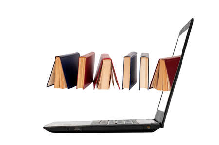 Electronic library concept on white background. Laptop and booksの写真素材