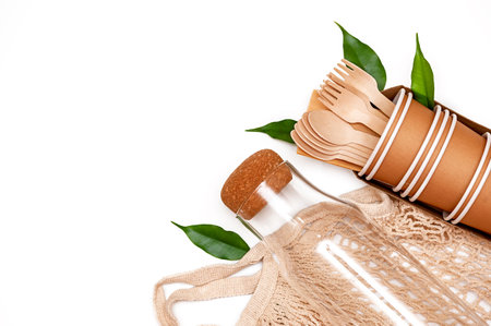 Flat lay concept of sustainable lifestyle with zero waste recycling on a white background.