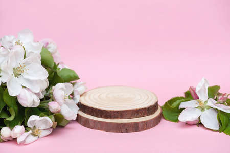 Two wooden podiums and white flowers on a pink background, mockupの写真素材