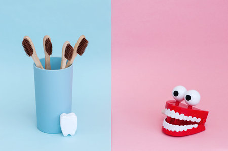 oral care products. Toothbrushes and Jaw model with white teeth on blue and pink background