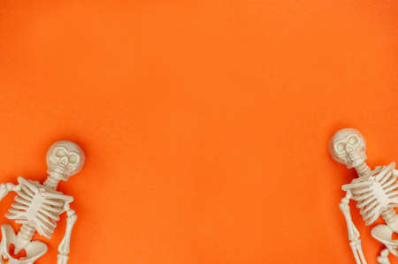 Two skeletons on an orange background. Copy space.Halloween backgroundの写真素材