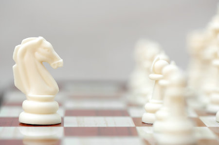 The white piece of the knight opposite the white pieces on the chessboardの写真素材