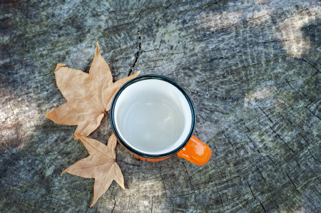 Empty mug with autumn leaves. autumn background. flat layの写真素材