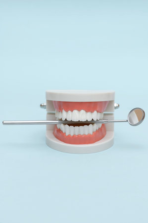 Model of teeth and a dental mirror on a light background.Vertical photo. oral care concept