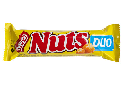 Smolensk - October 20, 2023: Editorial illustration image of Nuts chocolate bar with peanuts, caramel and nougat, closed, isolated on white backgroundのeditorial素材
