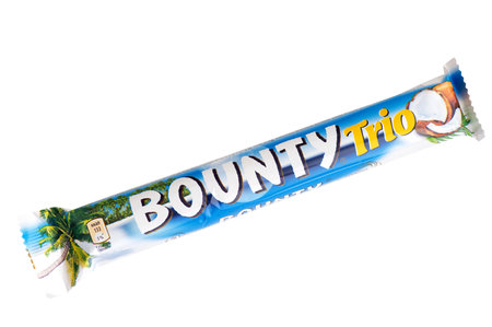 Smolensk - October 14, 2023: Bounty chocolate bar isolated on white backgroundのeditorial素材