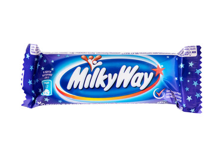 Smolensk - October 20, 2023: Close-up of Milky Way chocolate bar produced by Mars Inc. on a white backgroundのeditorial素材