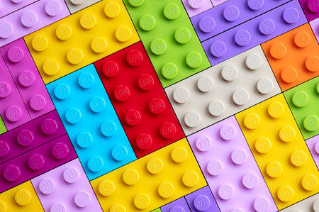 Lots of colorful Lego pieces. Lego background.のeditorial素材