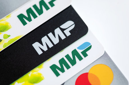 Smolensk, Russia - October 20, 2023: Bank cards Mir and Master Card close-up.のeditorial素材