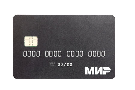 Smolensk, Russia - October 20, 2023: Plastic template of bank debit or credit card MIR on a white background.のeditorial素材