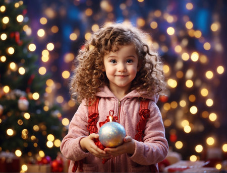 A little cute girl with curly hair holds a Christmas tree decoration in her hands against a background of bokeh lights.の素材