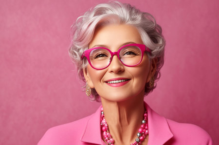Happy senior woman in colorful pink suit, classic glasses, keeps smiling in fashion studio on pink backgroundの素材