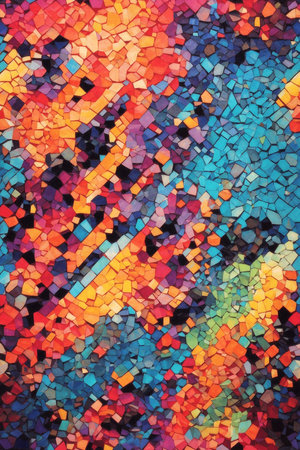 Pixel art-inspired abstract mosaic on a colorful backgroundの素材
