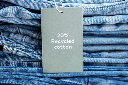 Stack of jeans with 20% discount label on wooden background, closeupの写真素材