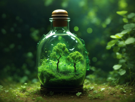 Tree in a glass bottle on nature background. Nature conservation concept.の素材