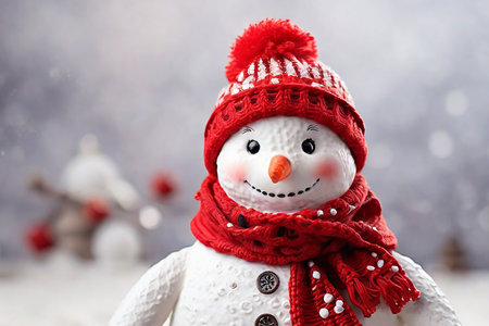 Snowman with red scarf and hat on snowy background. Christmas greeting card.の素材