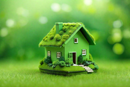 Eco House In Green Environment. Miniature House On Grass.の素材