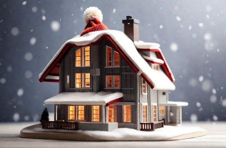 House in winter - heating system concept and cold snowy weather with model of a house wearing a knitted capの素材