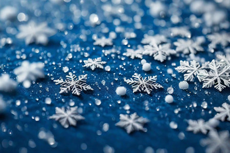 White snowflakes on blue background with water drops. Christmas backgroundの素材