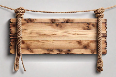 Wooden signboard hanging on a rope on a gray background.の素材