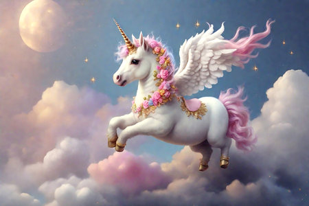 Unicorn flying in the sky with clouds and full moon.の素材