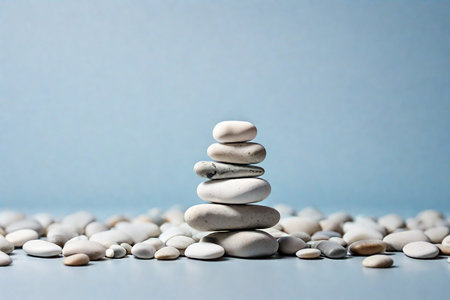 Pyramid of white pebbles on blue background. Zen conceptの素材