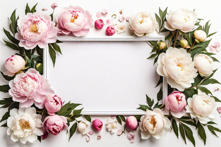 White frame on white background with peonies, flowers and leaves with copy space in the middleの素材