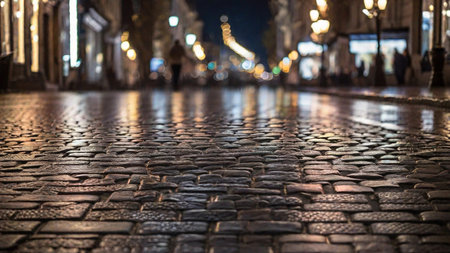 City lights reflecting on the cobblestone pavementの素材