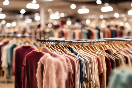 Clothes hanging on the rack in a fashion store, shallow depth of fieldの素材