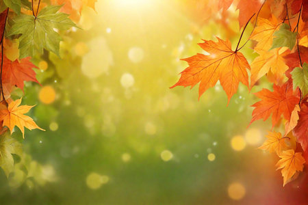 Autumn maple leaves on bokeh background with space for textの素材